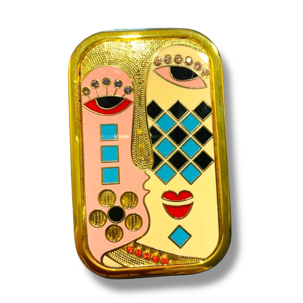 Mirror Compact Metal Enamel Cubist Art Gold, Pink, Blue Inlaid Gems